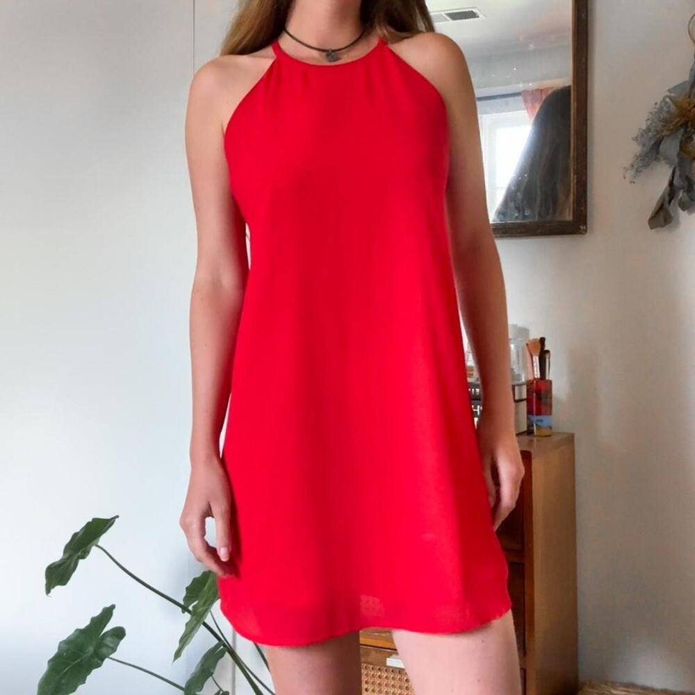 red halter mini dress with open back